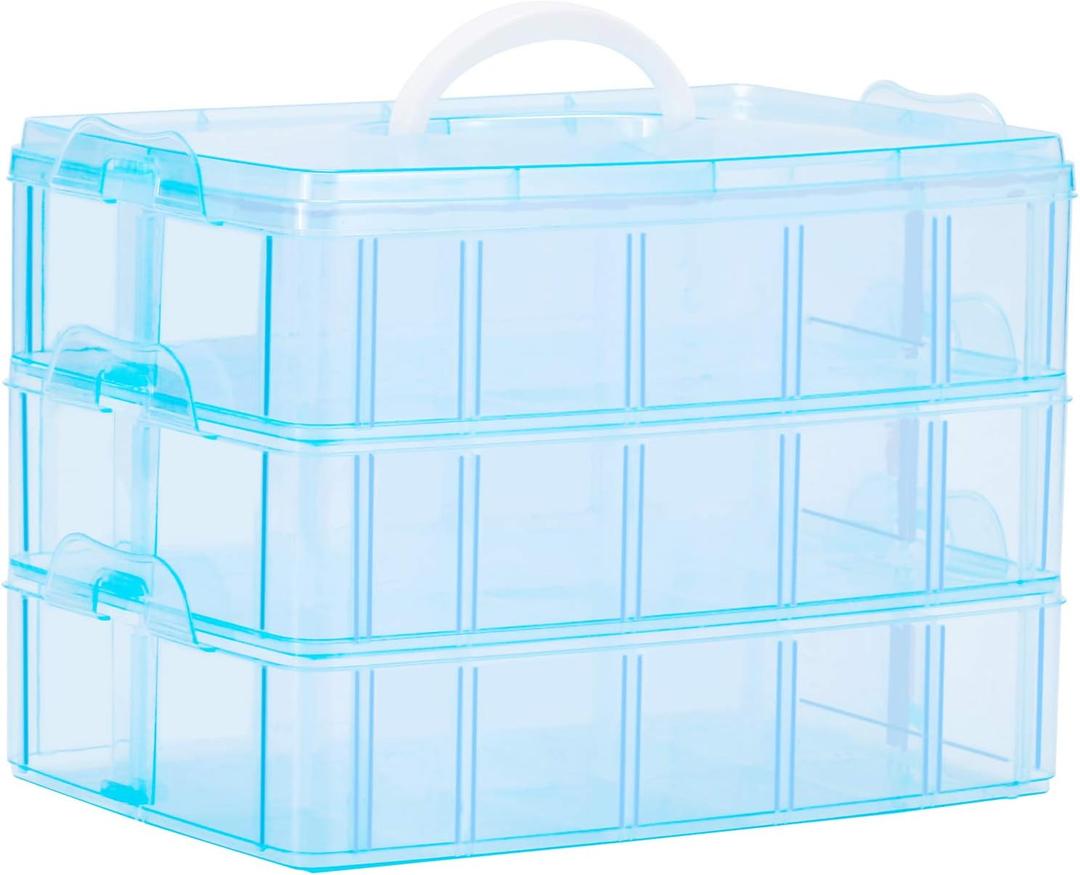 Sooyee Craft Storage Organizer,Hot Wheels Case,Sewing Box,3-Tier Plastic Organizer Box with Dividers, Storage Containers for Organizing Art Supplies, Fuse Beads,Washi Tape, Kids Toy,Blue
