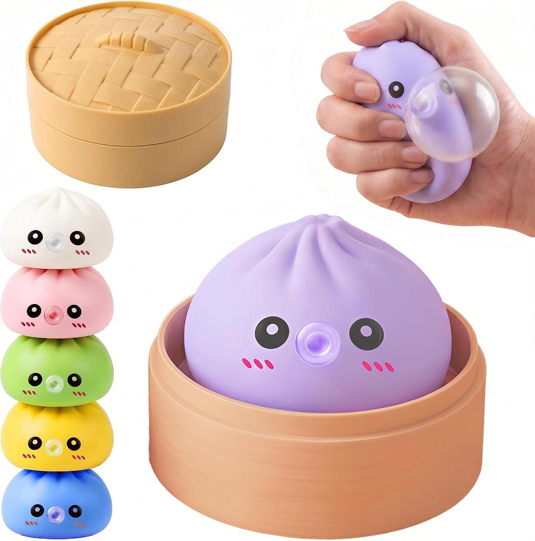 Dumpling Squishy Toy with Bubble Blowing Feature, Squishy Dumpling Stress Relief Toy, Cute Bao Bun Squeeze Toy with Steamer Box, Soft Sensory Fidget Desk Toy Gift (1, Purple)