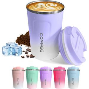 Travel coffee mugs leak-proof, reusable coffee cups with lids, stainless steel vacuum thermos coffee tumblers,thermal insulation cups for men and women hot & cold drinks (2nd-Purple White, 12OZ)