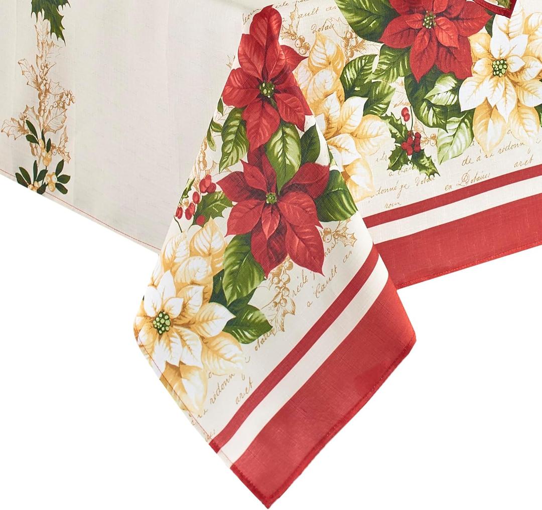 Elrene Home Fashions Red and White Poinsettia Holiday Wrinkle Resistant Fabric Tablecloth, 60" x 144" Rectangle, Multi