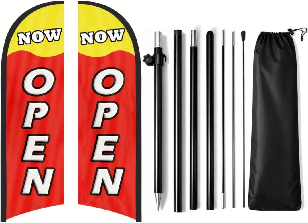 Now Open Flag for Business, 9.18FT Double-Sided Outdoor Advertising Swooper Banner with Pole Kit & Ground Stake  Tear-Resistant Polyester Feather Flag for Shops, Events & Promotions (Red/Yellow)