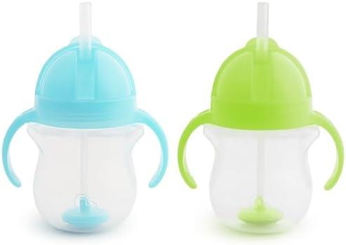 Munchkin Any Angle Sippy Cups for Toddlers, Spill Proof Weighted Straw Cup with Transition Handles for Babies 6 Months and Up, Pack of 2, Blue/Green