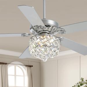 CROSSIO 52" Crystal Ceiling Fan with Light Dimmable LED Chandelier Ceiling Fan Modern Reversible Fandelier Light Fixture with Remote for Bedroom Dining Room Living Room Chrome