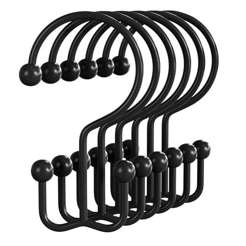Bathway Shower Curtain Hooks Matte Black Shower Curtain Rings, 12 Pcs Double Hook Shower Curtain Hooks Rings Shower Curtain Hangers Rust Proof, Metal Shower Hooks for Bathroom Shower Curtain Rod