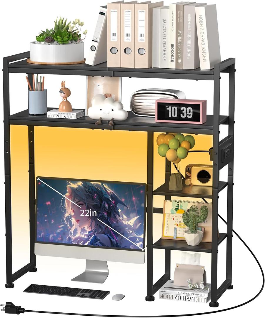 Aetheris Desktop Organizer Shelf, 30" Wooden Office Storage Rack with Outlets, Display Shelf Rack with Light Strip, 5 Tier Desktop Display Rac, Desk Shelf, Desk Hutch for Computer Monitor (Black), 30"L 9.44"W 32"H