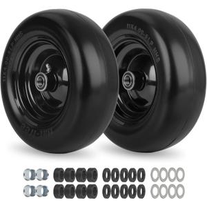 11x4.00-5 Flat Free Lawn Mower Tire and Wheel with Bearing Bore 3/4" or 5/8", 3.4"-4"-4.5"-5" Centered Hub, Smooth Tread Tire for Zero Turn Mowers, 2 Pack