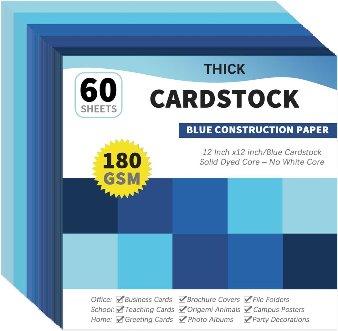 gisgfim 60 Sheets Blue Cardstock 12 X 12 Solid Dyed Core Construction Paper Cardstock 5 Assorted Colors Card Stock Printer Scrapbook Paper 65lb/180gsm for Embossing Printing Invitations DIY Craft