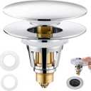 Universal 3-in-1 Bathroom Sink Stopper - Chrome Pop Up Sink Drain Stopper, Push Button Sink Drain Stopper Replacement, Wash Basin Drain Filter Plug with Anti-Clogging Strainer, (Large Cover)