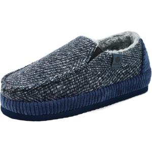 ONCAI Mens Clog Slippers with Arch Support Stripe Faux Fur Cotton-Blend High-Density Memory Foam Warm House Slippers Slip-on Indoor Outdoor Rubber Sole (10, Moccasins Blue/White)