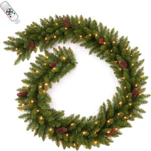 9FT Prelit Artificial Christmas Garland with Dual Color LED Lights and Timer by Remote Control and Batteries Operated for Mantle Stairs Fireplace Door Xmas Decoration, Indoor Outdoor, Green