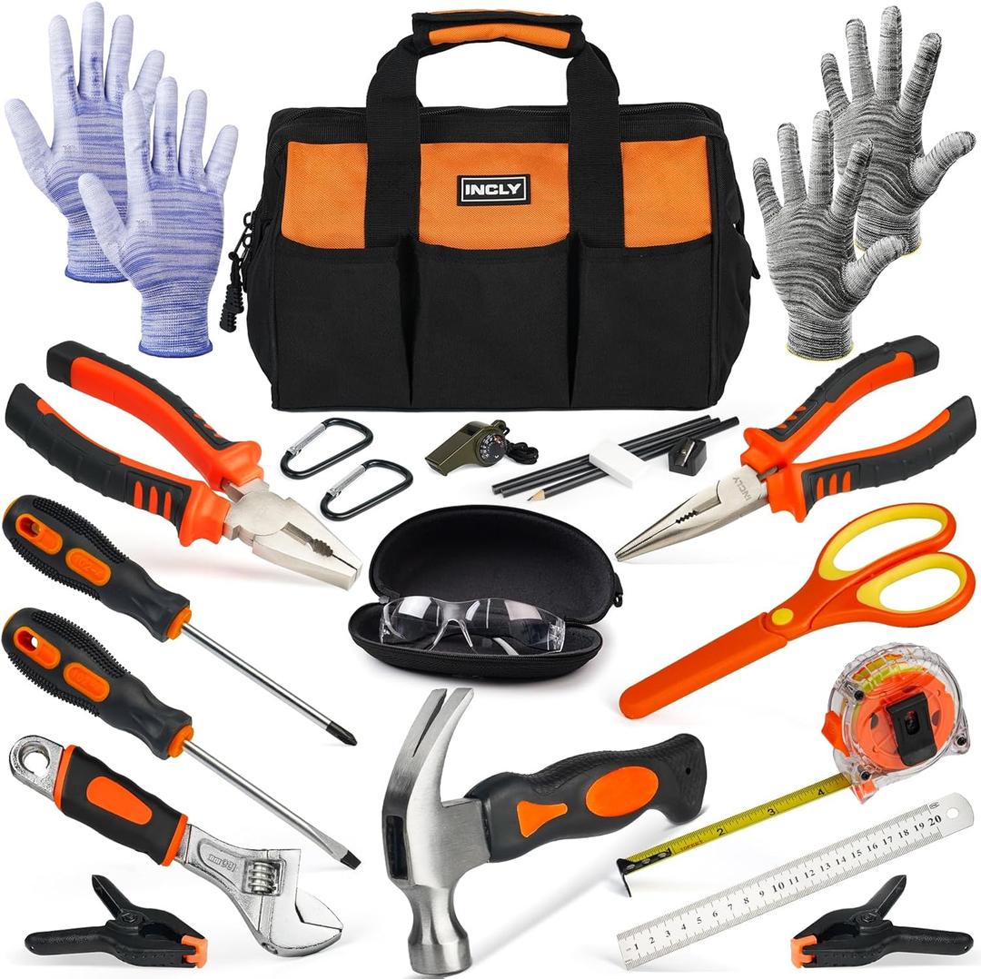 INCLY 24 PCS Real Tool Set with Tool Bag, Small Real Hand Tools Kit, Construction Learning Tools Hammer Screwdriver for Home DIY Building and Woodworking (Orange)
