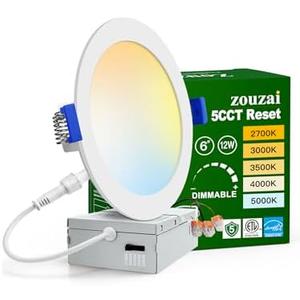 zouzai 1 Pack 6 Inch 5CCT Ultra-Thin LED Recessed Ceiling Light with Junction Box, 2700K/3000K/3500K/4000K/5000K Selectable, 12W Eqv 110W,Dimmable, led can Lights- ETL and Energy Star Certified
