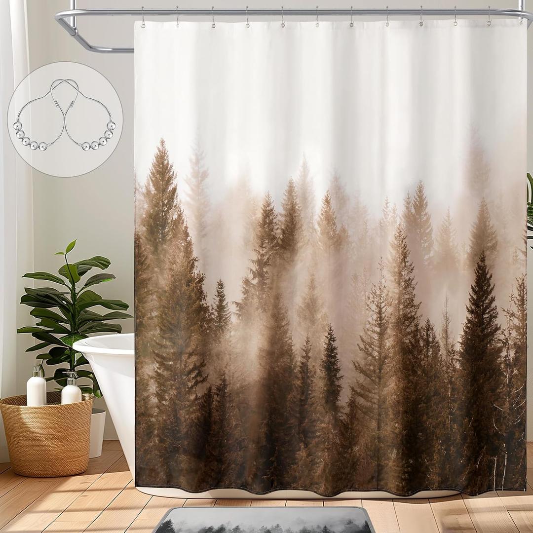ORTIGIA Brown Misty Forest Shower Curtain for Bathroom, Nature Woodland Shower Curtain Set with Hooks, Decorative Pine Tree Fog Magic Bath Curtain for Home, Waterproof Fabric, Weighted, 72x72