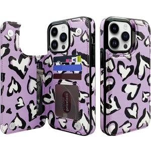TopPerfekt TopPerfekt Flip Leather Wallet Case Card Holder Compatible with iPhone 14 Pro Max 6.7" Women and Girls with Card Holder Kickstand Double Magnetic Clasp Pattern Purple Heart