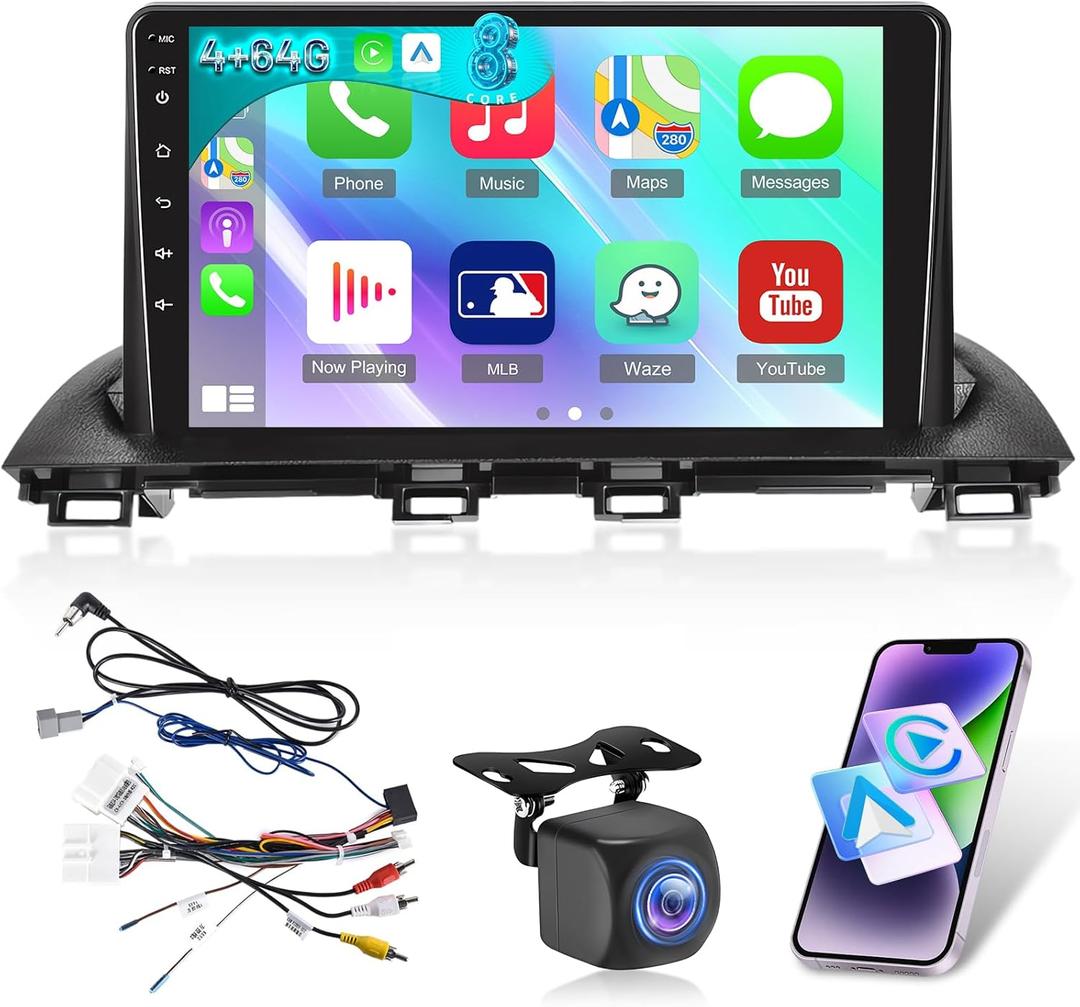[8 Core Qualcomm 4+64G] for Mazda 3 Axela 2014-2019 Car Radio with Wireless Carplay and Android Auto - 9 Inch 1280 * 720 IPS Touchscreen Android Car Stereo - DSP/GPS/WiFi/SWC + AHD Backup Camera