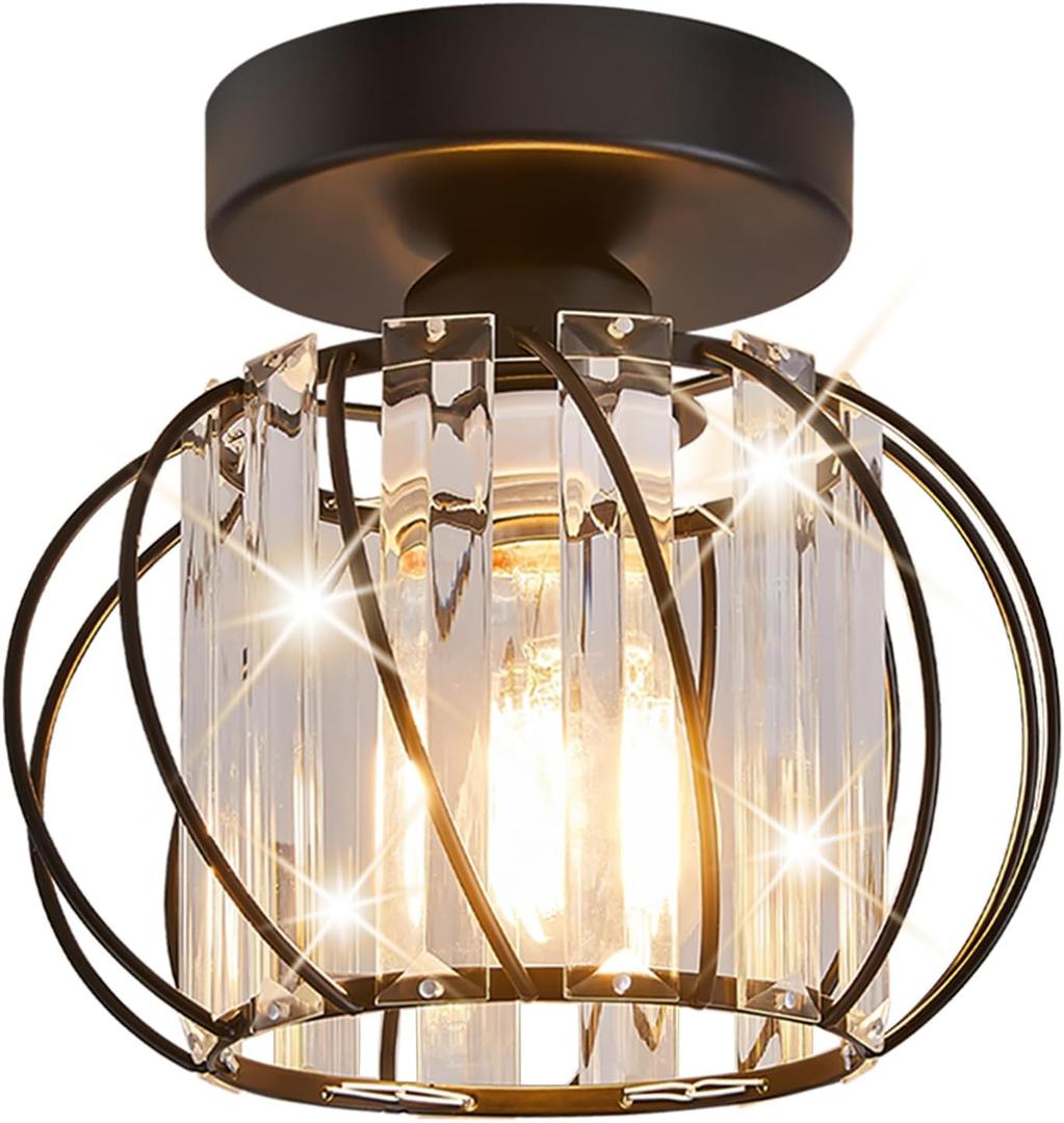 Semi Flush Mount Crystal Ceiling Light, Metal Cage Hallway Ceiling Lamps, Farmhouse Ceiling Light Fixture, Industrial Crystal Chandelier for Corridor Bathroom Kitchen (1, Black, 7.5 Inch)