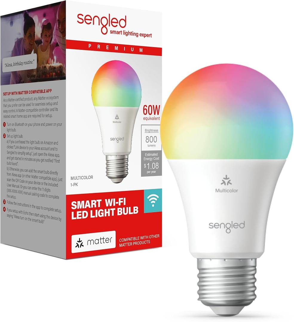 Sengled Matter LED Smart Light Bulb (A19), Multicolor, Compatible with Alexa, 60W Equivalent, 800LM, Instant Pairing, 1-Pack