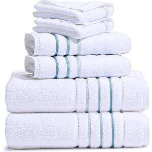 Bath Towel Set_White Towel For Bathroom, Luxury Hotel &Spa Quality, 100% Cotton .Includes 2 Large Bath Towels, 2 Hand Towels and 2 Washcloths.Super Soft, Absorbent & Decorative (White/Green Aqua)