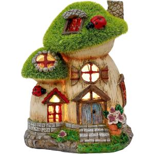 TERESA'S COLLECTIONS Mushroom Garden Statues with Outdoor Solar Light for Garden Decor, Green Flocked Decorations Resin Fairy House Accessories, Outdoor Decor Yard Gifts for Mom Women (Medium)