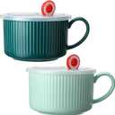 Nuenen 2 Pcs Soup Bowls with Lids and Handles 30 oz Microwave Safe Ceramic Soup Mug Microwavable Ramen Containers with Lids Large Colorful Cups for Noodle Cereal kitchen(Blue, Dark Green)