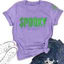 Halloween Shirts Women: Embroidered Spooky Season T Shirt Retro Spooky Graphic Short Sleeve Tops (Purple, L)