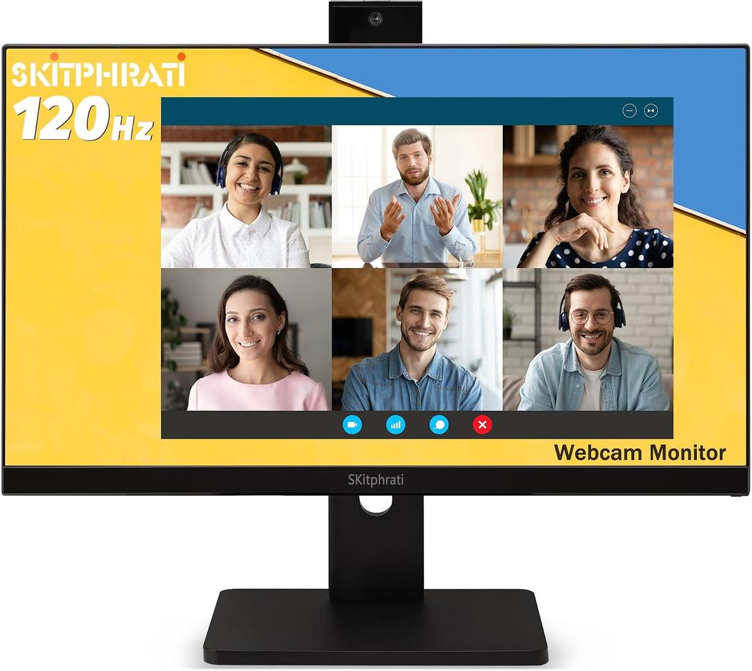 SKitphrati 23.8" 1080P IPS 120Hz Monitor for Business & Gaming - Built-in Adjustable 3MP Webcam, Mic Array, Dual Speakers, Frameless, Eye Care, HDMI/DP/VGA/USB