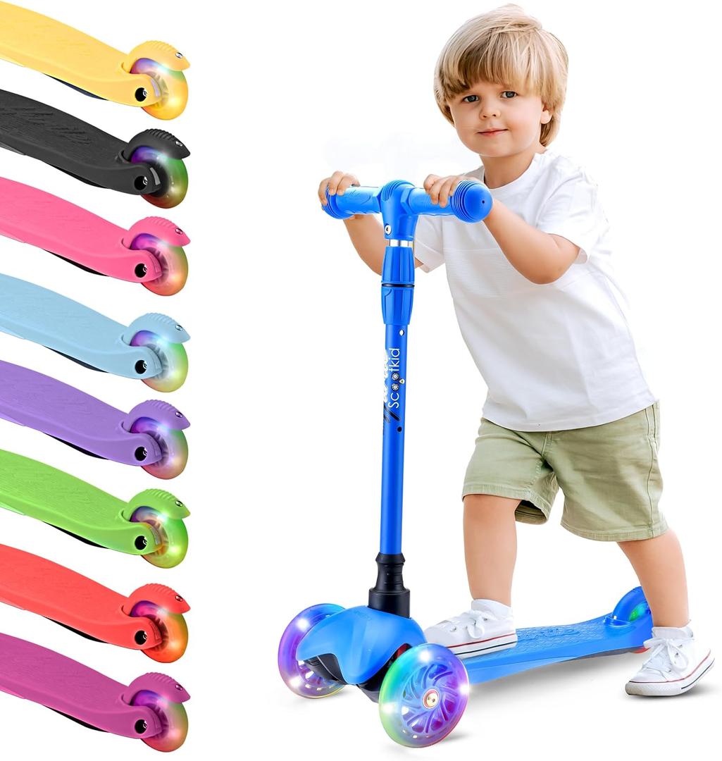 Hurtle Mini Kickboard 3 Wheel Scooter for Kids Ages 2-5 – Lean-to-Steer Toddler Scooter with Light-Up LED Wheels, Adjustable Height & Rear Foot Brake for Boys & Girls, Anti-Slip, Indoor/Outdoor