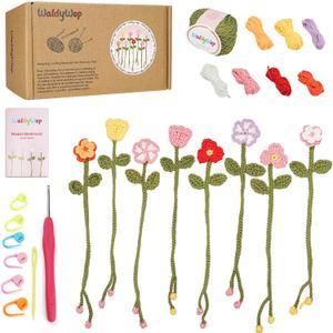 WaldyWop Crochet Kit for Beginners - 8 Flower Bookmarks Knitting Kit w/Step-by-Step Video Tutorials & Soft Yarn, Hook - Wobbles DIY Art Craft Kit for Adults, Birthday Gifts for Women Teen, 3.15 x 5.91 x 2.56 inches