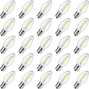 C7 LED Night Light Bulb, Clear Christmas Replacement Bulbs, C7 E12 Shatterpfoof Light Bulbs for Ourdoor Indoor String Lights, Christmas Tree Salt Lamps Window Candles Bulbs, Warm White, 25 Pack