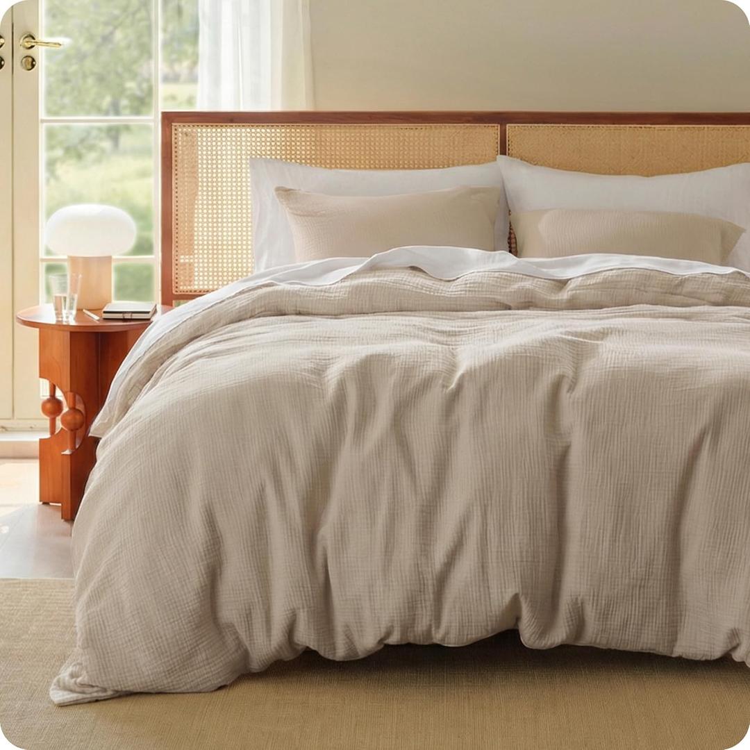 Bedsure Muslin Duvet Cover King Size - 100% Cotton 3-Layer Gauze Duvet Cover PureWoven Ultra-Soft & Breathable Bedding Set with Zipper Closure and 8 Corner Ties (Light Brown, King, 104"x90")