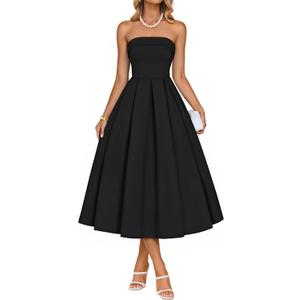 ZESICA Women's Summer Strapless Cocktail Dresses 2026 Elegant Off Shoulder Flowy A Line Wedding Guest Party Midi Dress Black X-Large
