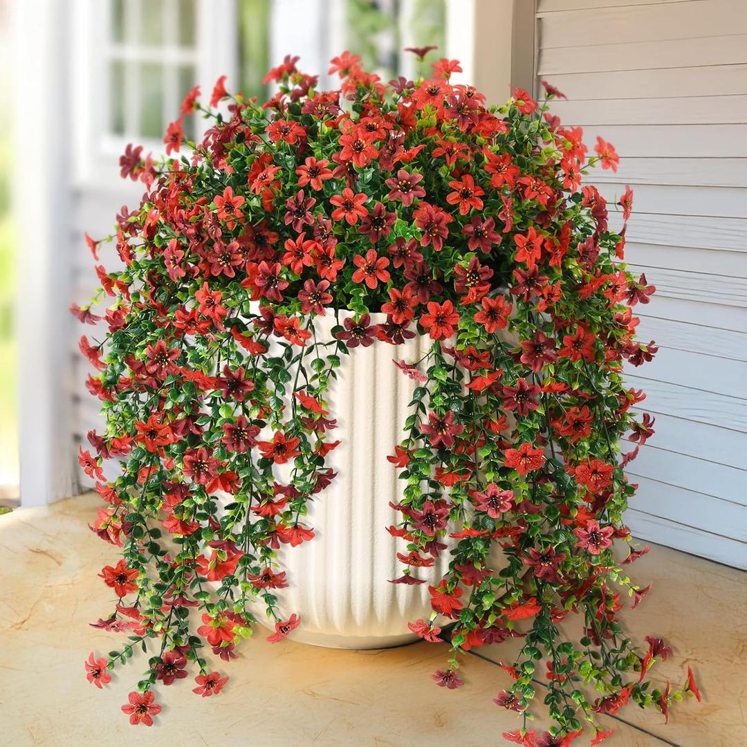 ZFProcess Artificial Hanging Flowers for Outdoors, 2 Pcs Fake Hanging Plant Spring Summer Decor, UV Resistant No Fade Realistic Faux Flower for Front Door Porch Planter Patio Garden Yard(Red Brown)