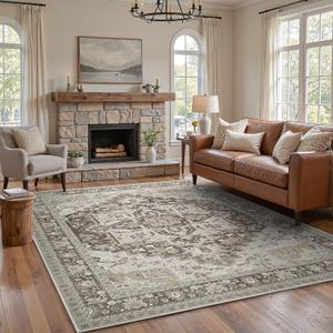 GENIMO 8X10 Area Rugs for Living Room, Machine Washable Vintage Floor Cover Foldable Modern Non Slip Rug, Low Pile Soft Indoor Carpet Floral Print Mat Rug,Bedroom/Dining Room/Home Office,Taupe