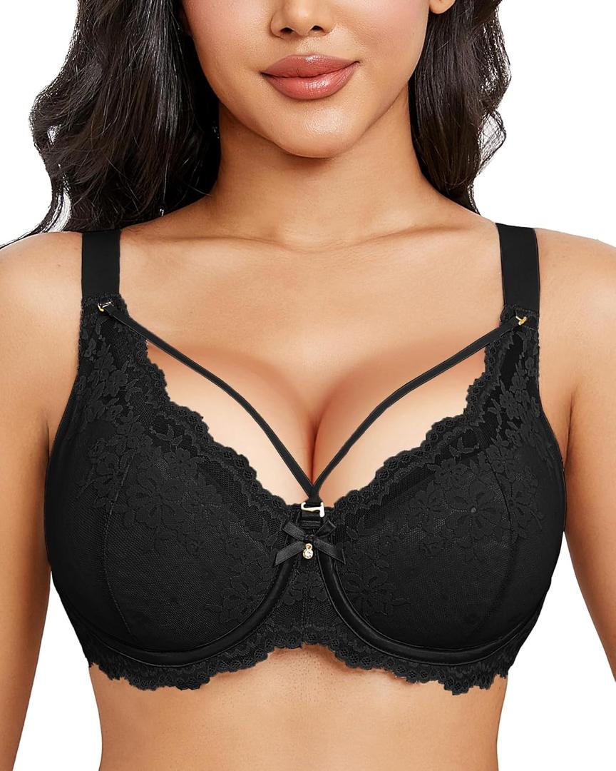 YAEHOL Sexy Lace Bras for Women Plus Size Push Up Bra Full Coverage Underwire Bra (38DD, All Black)
