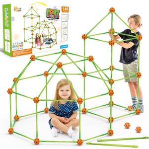 Fort Building Kit for Kids,STEM Construction Toys, Educational Gift for 3 4 5 6 7 8 9 10 11 12 Years Old Boys and Girls,Ultimate Creative Set for Indoor & Outdoors Activity,140 Pcs,Orange