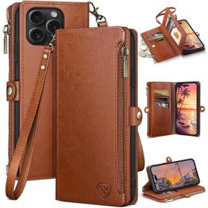 XcaseBar compatible with iPhone 16 Pro 6.3" Wallet case with Zipper Credit Card HolderRFID Blocking,Flip Folio Book PU Leather Phone case Shockproof Cover Women Men for Apple 16 Pro case Light Brown