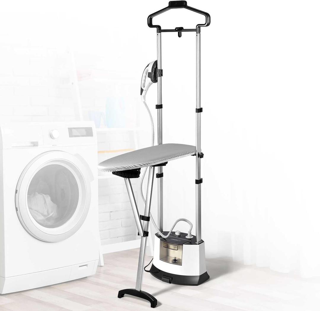 Standing Garment Steamer for Clothes Suitable For All Fabric Types, Flat Hanging Iron Rapid Heats in 25s for 1 Hour Powerful Steam, with Garment Hanger, Ironing Board, Ironing Gloves (Black)