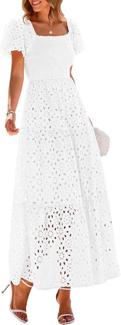 PRETTYGARDEN Summer Dresses for Women 2026 Eyelet Square Neck Puff Sleeve Smocked Wedding Guest Maxi Dress with Pockets, White, Medium