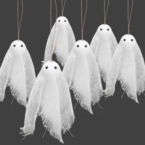 Watayo 16 Pcs Halloween Ghost Hanging Ornaments, 3.5 Inch Small Hanging Ghosts Tree Ornaments, Farmhouse Rustic Cloth Ghosts Hanging Decoration for Haunted House Party Yard Tree Decor