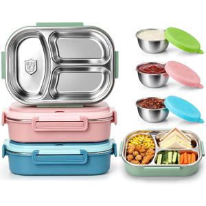FoldTier 3 Pack Stainless Steel Lunch Boxes Includes 3 Lidded Condiment Cups, 3 Compartment Bento Box Set, Leakproof Lunch Container, Freezer & Dishwasher Safe for Work, Office, Picnic, Travel