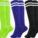 Glooarm 3 Pairs Kids Soccer Socks Baseball Uniform Striped Knee High Socks Cotton World Cup for Boys Girls (Black, Blue, Light Green, 6-9 Years)