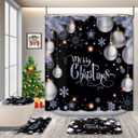 GRIEKOWE 4 Pcs Xmas Ball Black Background Christmas Shower Curtain Set with Non-Slip Rugs, White Snowflake Winter Holiday Festival Rustic Bathroom Home Curtain Decor with Hooks 72x 72in