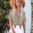 Nlife Women's Sparkly Fringe V Shaped Western Cowgril Button Down Shirt (Beige)