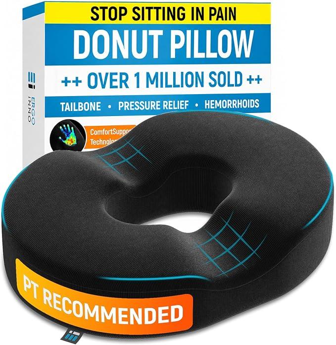 PT ENDORSED Donut Pillow for Tailbone Pain Relief Hemorrhoid Pillow for Sitting, Orthopedic Donut Seat Cushion for Pressure Relief, Post Surgery, Postpartum Pregnancy, Lifting Cushions for Coccyx Black, Original (Polyester), Medium (For Body Weights up to 240 Lbs)