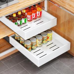 Pull out Cabinet Organizer, 21"Deep, Heavy Duty Full-Extension Slide out Drawers for Kitchen Cabinets with Nano Adhesive, Roll Out Shelf Sliding Cabinet for Pots, Bathroom, Pantry, Under Sink, White