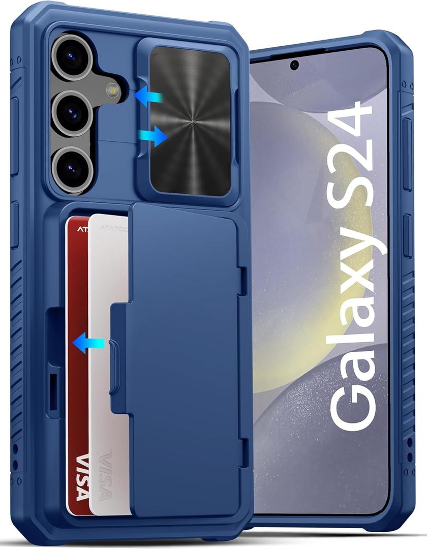 ATATOO for Samsung Galaxy S24 Case with Card Holder (Store 4-5 Cards) & Slide Camera Cover, Wallet Cover for Samsung Galaxy S24 2024, Blue