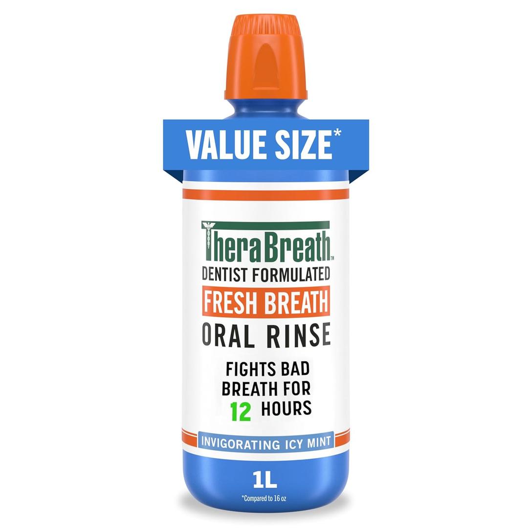 TheraBreath Fresh Breath Oral Rinse, Invigorating ICY Mint Flavor, Dentist Formulated and ADA-Accepted Mouthwash for Bad Breath pH-Balanced, Alcohol Free & Non-Burning, 1 Liter (3.38 Fl Oz (Pack of 1))