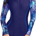 Daci Women Long Sleeve Rash Guard One Piece Boyleg Swimsuit Zipper Surfing Bathing Suit UPF 50+ (Small, Blue Leaves)