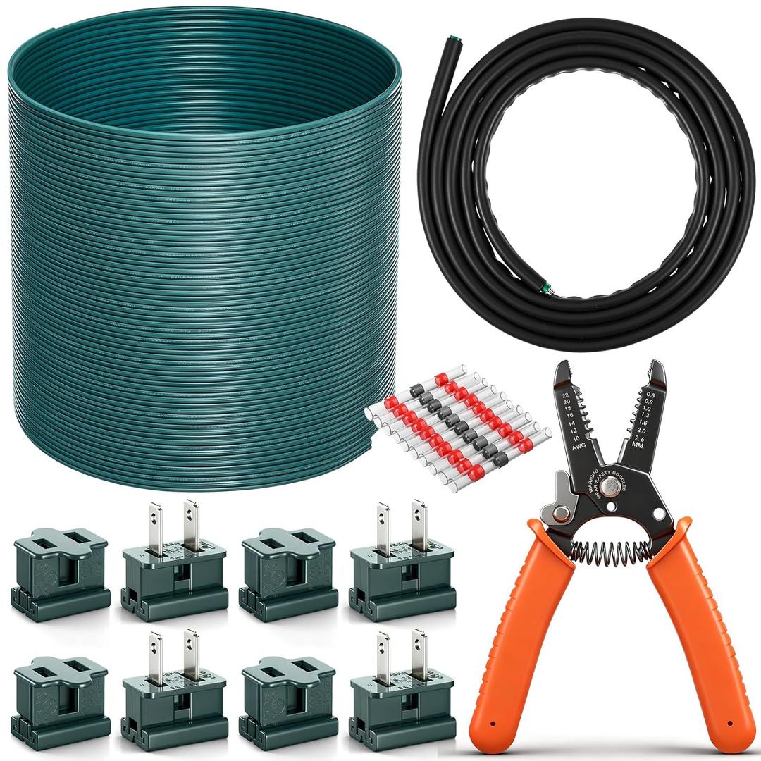18/2 SPT-1 Electrical Wire Kit - 18/2 Landscape Lighting Wire with Strippers Plugs, Heat Shrink Terminals, Heat Shrink Tubing for Camp Holiday Lamp Extension Cable, Outdoor(Green,200 ft)
