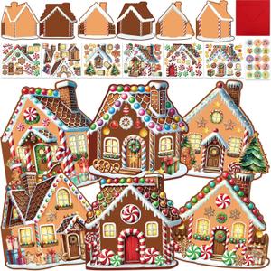 Treasure Cove Christmas Gingerbread Cards Craft Kit DIY Gingerbread House Card Christmas Crafts Kit Make Your Own Gingerbread House Decoration with Stickers for Kids Xmas Holiday Party Decor Supplies 12Pcs, 5.2" X 5.2"